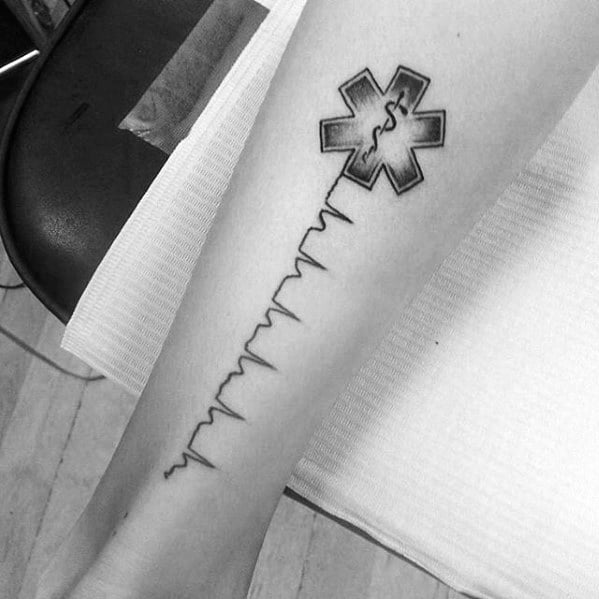 Mens Back Of Leg Star Of Life Heart Beat Tattoos