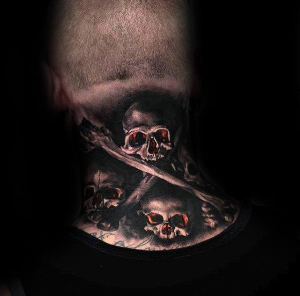 Mens Back Of Neck 3d Skull And Crossbones Tattoo