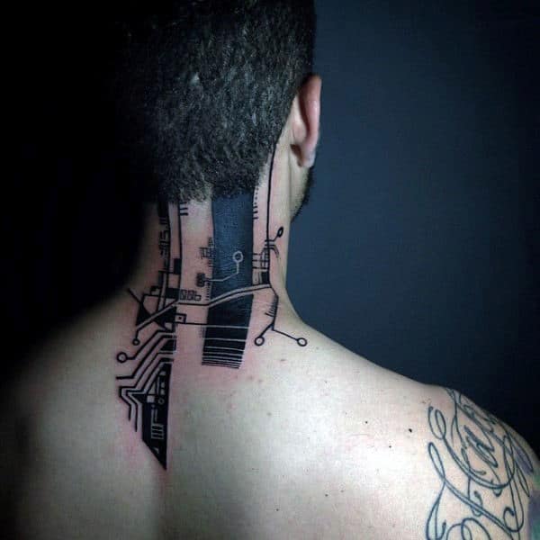 Mens Back Of Neck Circuit Board Tattoo With Black Ink