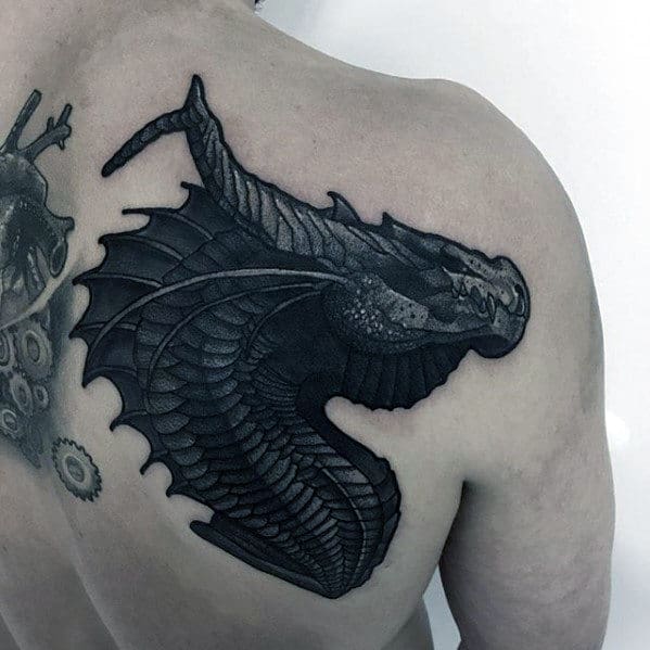 Mens Back Of Shoulder Dark Dragon Modern Tattoo