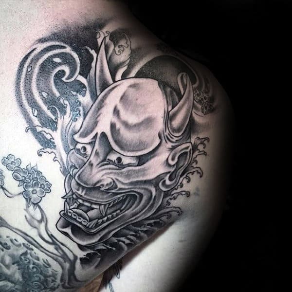 Mens Back Of Shoulder Hannya Mask Shaded Tattoos
