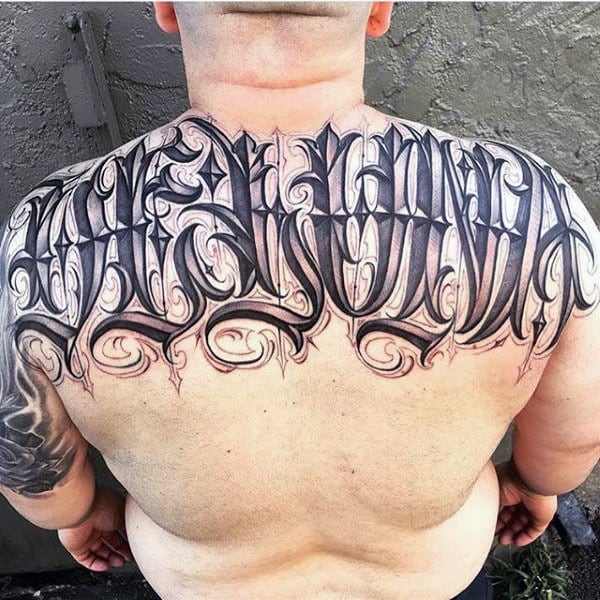 Mens Back Perfect Lettering Tattoo