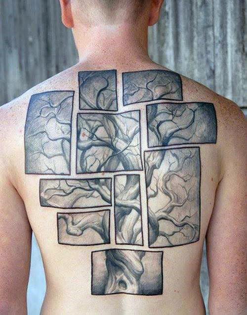Mens Back Photo Framed Style Oak Tree Design Tattoo