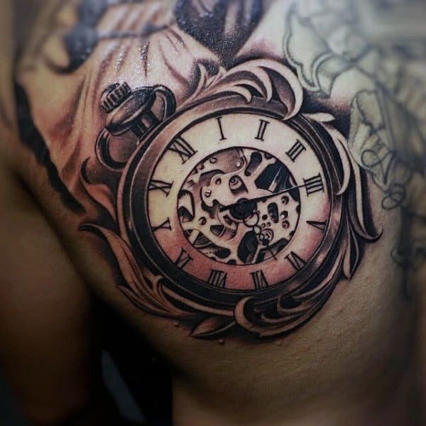 Mens Back Quaint Pocket Watch Tattoo