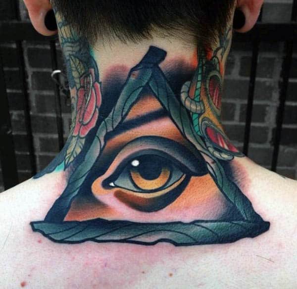 Mens Back Realistic Eye In Triangle Neo Traditonal Tattoo