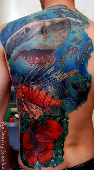 Mens Back Realistic Underwater Tattoo