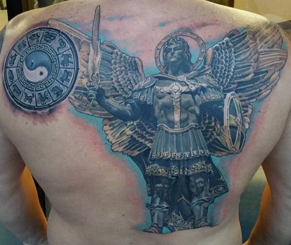 Mens Back Roman Era Guardian Angel Tattoo