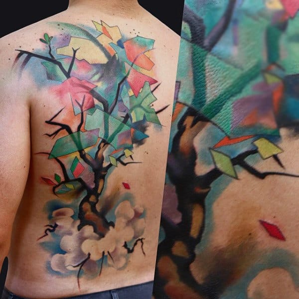 Mens Back Stained Glass Pieces And Watercolor Tree Tattoo