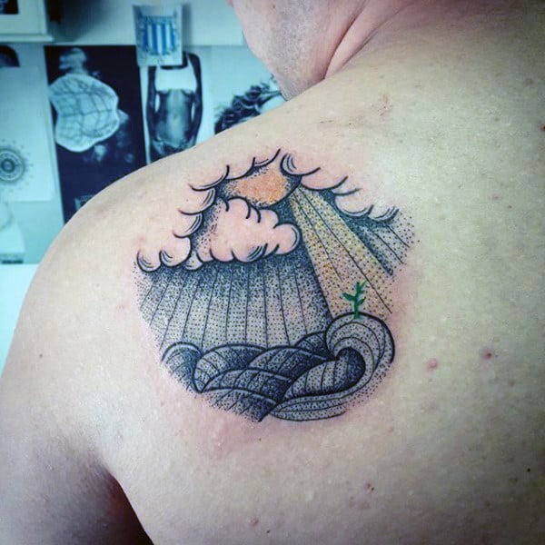 Mens Back Sunlight Through Clouds Dotwork Tattoo