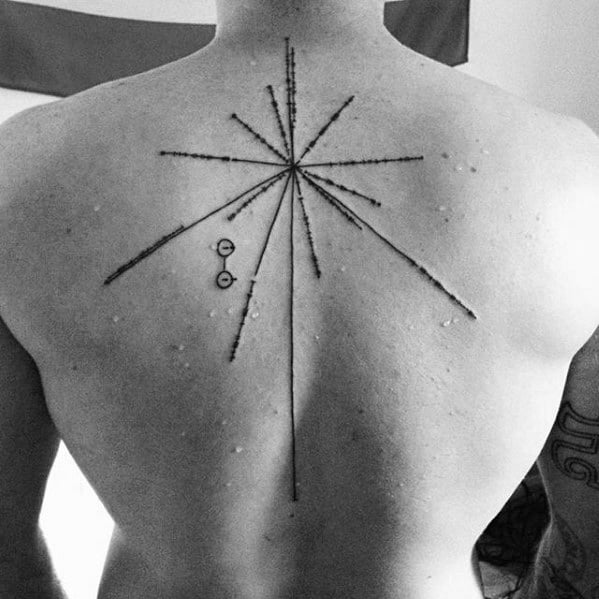 Black line tattoo of the Pioneer plaque with radial lines and symbols, incorporating a pulsar map on a person's back