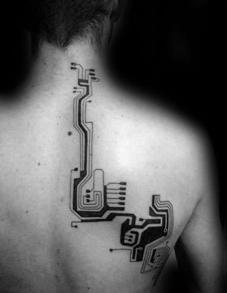 Mens Back Tattoo Of Circuit Board In Black Ink