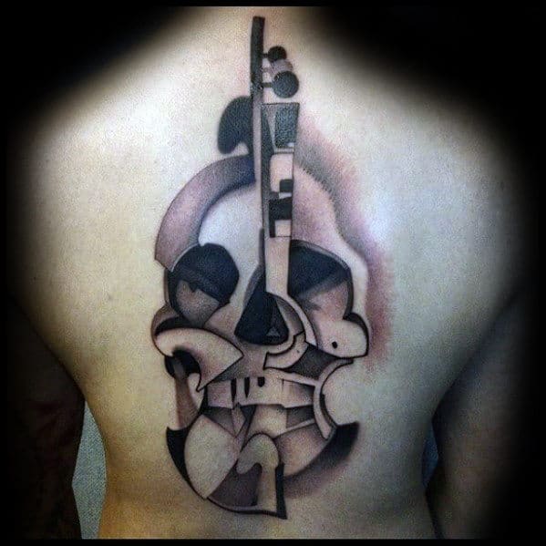 Mens Back Tattoo Of Cool Violin With Skull