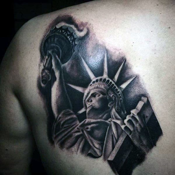 Mens Back Tattoo Of Liberty Statue