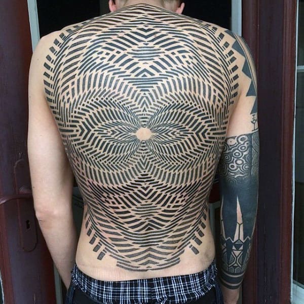 Mens Back Tattoo Of Optical Illusion With Grid Illusion