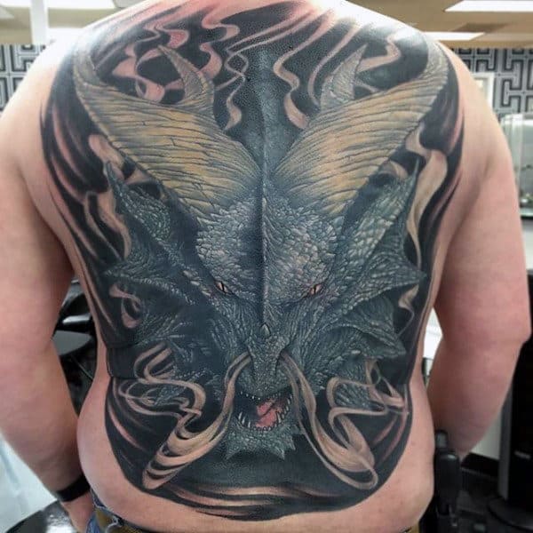Mens Back Tattoo Of Smoking Dragon