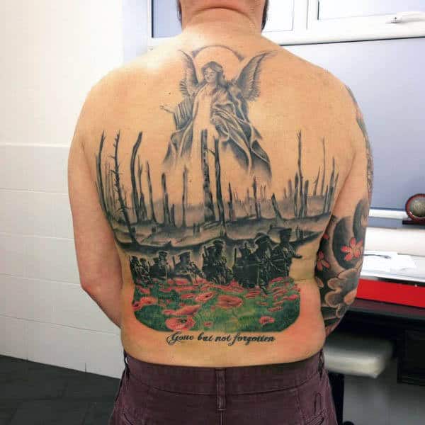 Mens Back Tattoo Of War Soliders Walking Through Poppy Flower Field