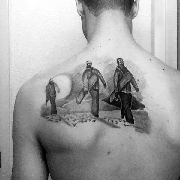 Mens Back Three People With A Snowboard Tattoo