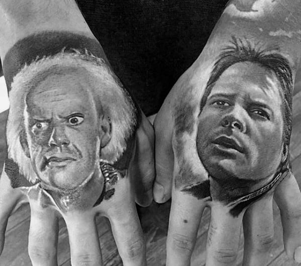 Mens Back To The Future Portrait Tattoos On Hands