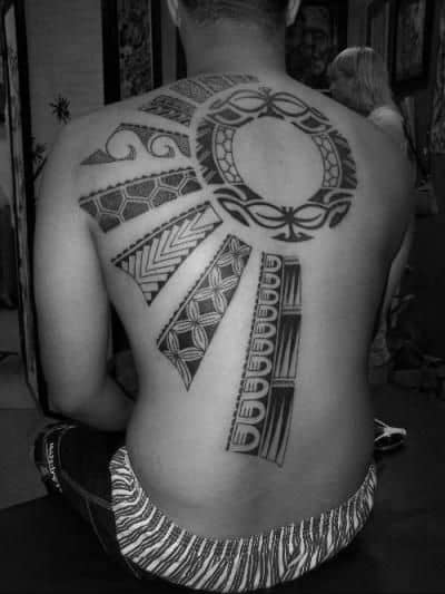 Mens Back Tribal Sun Tattoos With Rays
