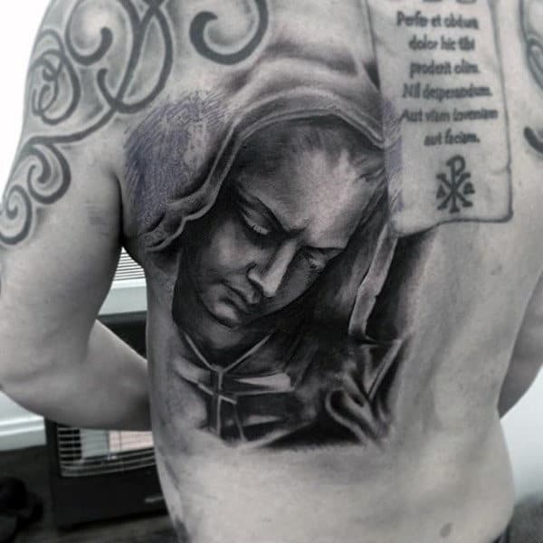 Mens Back Virgin Mary Dark Shaded Tattoo Designs