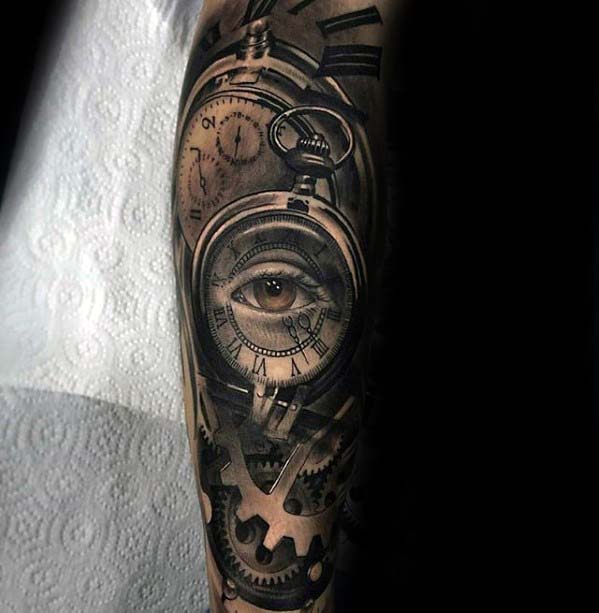 Mens Badass 3d Pocket Watch Gears Forearm Sleeve Tattoo Design Ideas