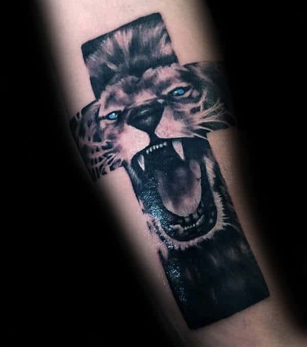 Mens Badass Lion Roaring Inside Cross Forearm Tattoo