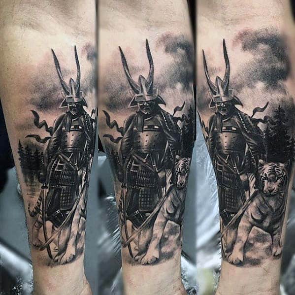 Mens Badass Samuari Warrior With Tiger Forearm Tattoo