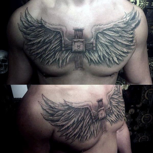 Mens Badass Wood Cross With Angel Wings Upper Chest Tattoos