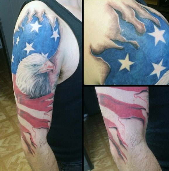 Mens Bald Eagle And American Flag Tattoo On Upper Arms