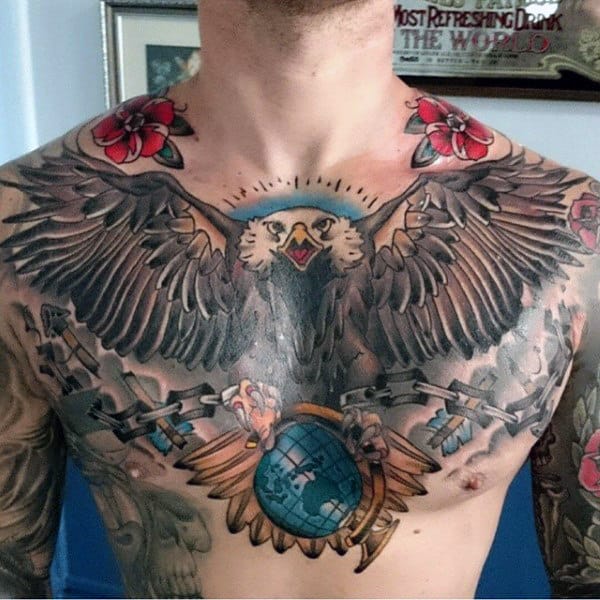 Mens Bald Eagle Globe Chest Tattoos