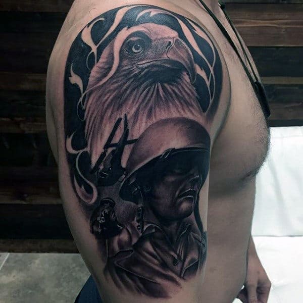 Mens Bald Eagle Solider Army Tattoo Design On Upper Arm