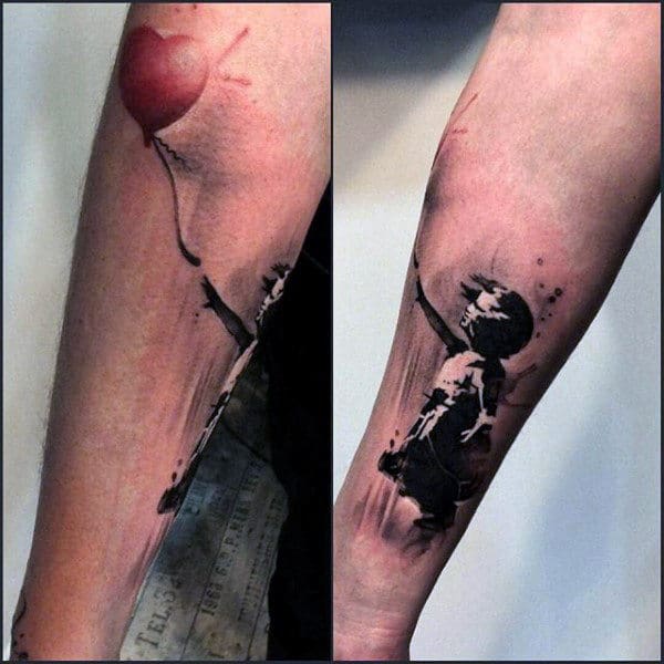 Mens Banksy Child With Ballon Forearm Tattoos