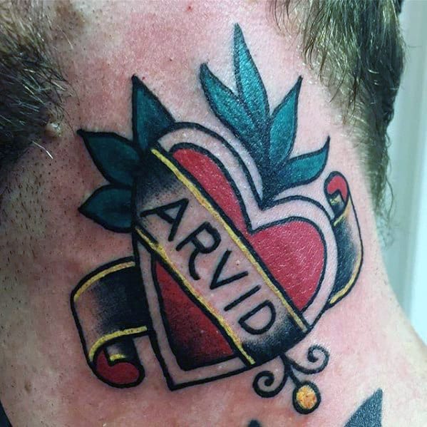 Mens Banner Name With Heart Traditional Neck Tattoo Ideas