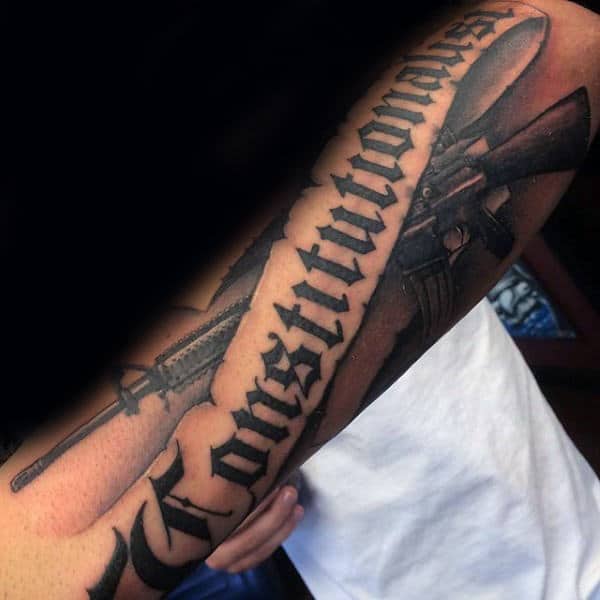 Mens Banner Old English Constitutionalist Forearm Tattoos