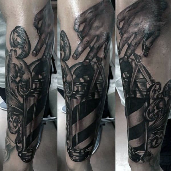 Mens Barber Shop Themed Tattoos In Black Ink