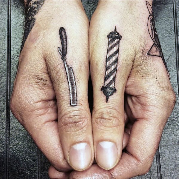 Mens Barbershop Pole With Straight Razor Thumb Tattoo