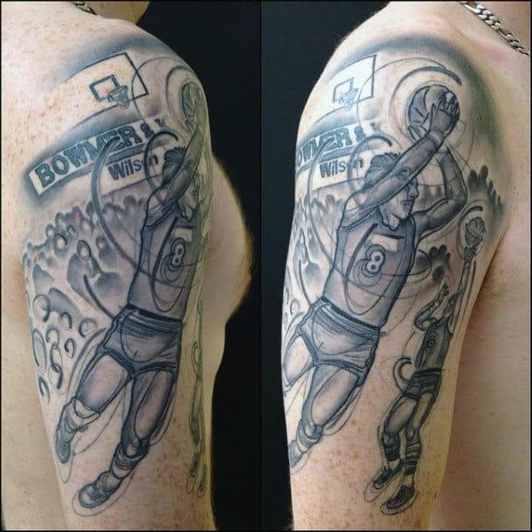 Tattoo of a basketball player shooting with a crowd and 'Bowyer' banner in the background