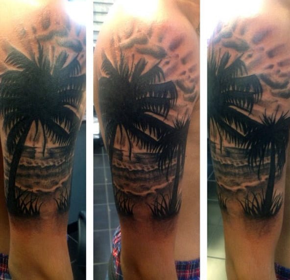 Mens Beach Scene Tattoo On Arm