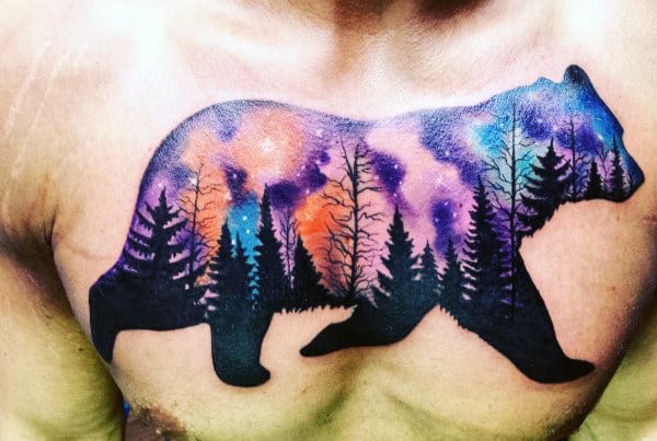 Mens Bear With Northern Lights Tattoo Design On Upper Chest