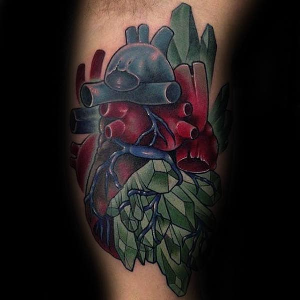Mens Beating Heart With Green Crystals Bicep Tattoos