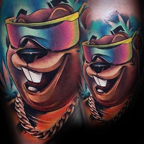 Cool cartoon beaver tattoo wearing rainbow shades and a gold chain, with a confident smile and vibrant, colorful shading.