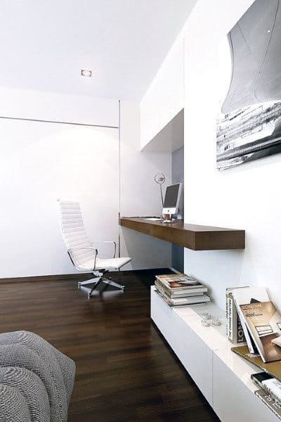 Minimalist office with white walls, dark wood floor, white chair, floating desk with computer, and stacked books