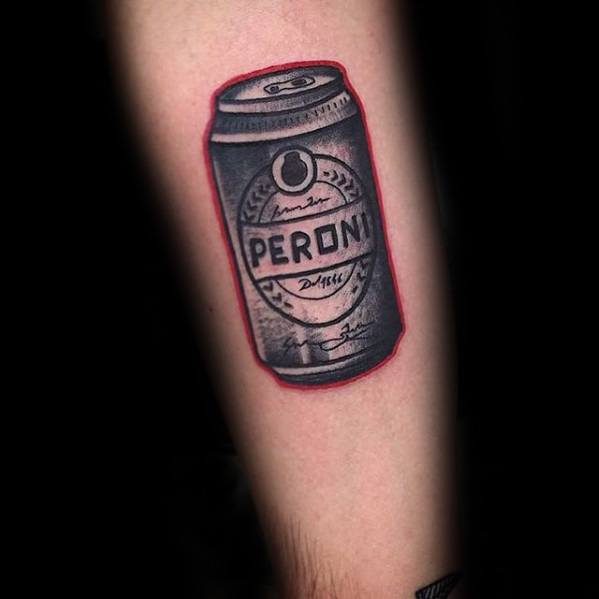 Black and gray tattoo of a Peroni beer can with a bold red outline, blending realism and illustrative style for a clean and striking look.