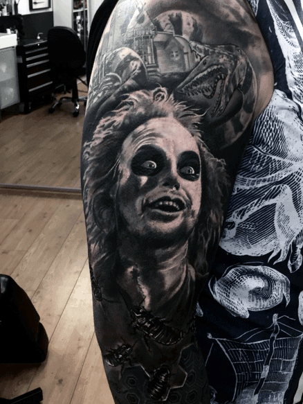 Mens Beetlejuice Half Sleeve White And Black Ink Shaded Tattoo Designs