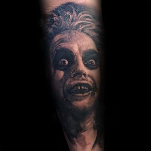 Mens Beetlejuice Movie Portrait Sleeve Tattoo