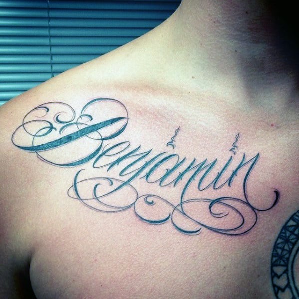 mens benjamin kids name upper chest script attoo