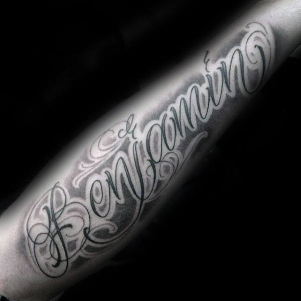 Mens Benjamin Name Negative Space Lettering Script Tattoo