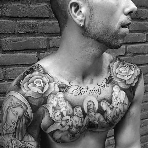 Mens Betrayal Jesus Last Supper Chest Tattoo
