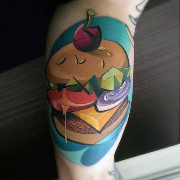 Mens Bicep Graphical Food Tattoo Of Hamburger New School Design Ideas