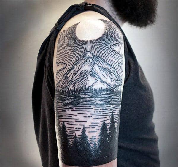 Men's Bicep Half Sleeve Pine Tree Tattoo